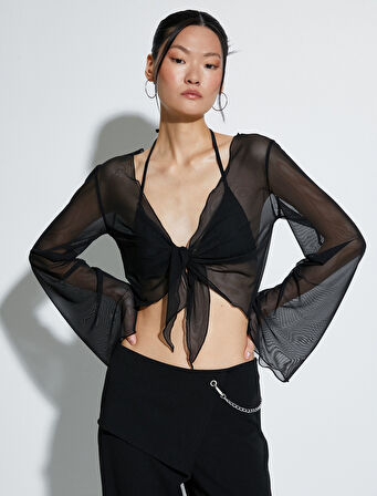 Tül Crop Bluz Önden Bağlamalı Uzun Geniş Kollu