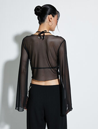 Tül Crop Bluz Önden Bağlamalı Uzun Geniş Kollu