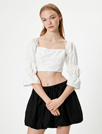 Crop Fırfırlı Bluz Kalp Yaka Uzun Geniş Kollu Slim Fit