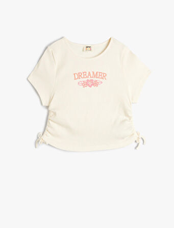 Tişört Slogan Baskılı Ribanalı Kısa Kollu Pamuklu