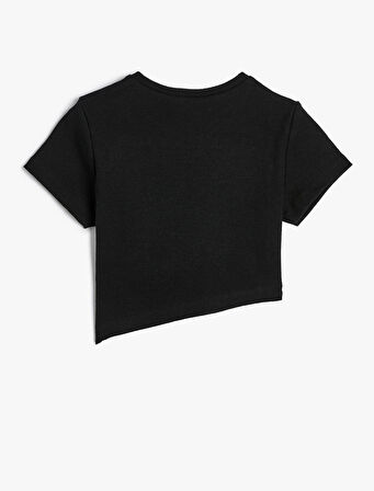 Crop Tişört Asimetrik Bel Baskılı Pamuklu