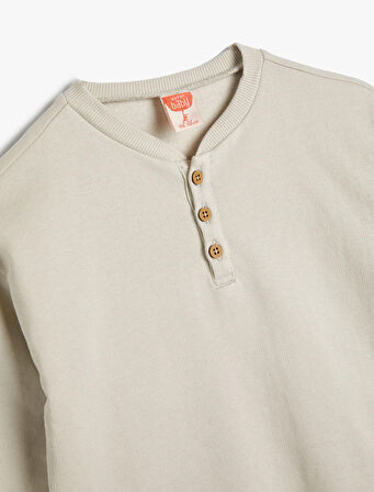 Düğmeli Sweatshirt Uzun Kollu Pamuklu 