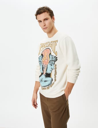Bisiklet Yaka Sweatshirt Mistik Baskılı Uzun Kollu Ribanalı