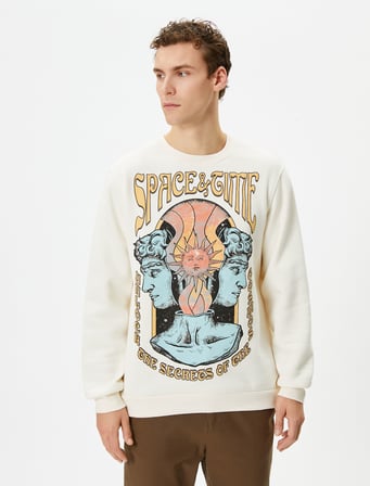 Bisiklet Yaka Sweatshirt Mistik Baskılı Uzun Kollu Ribanalı
