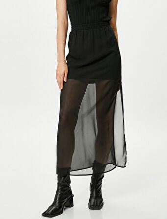 Midi Tül Etek Yırtmaçlı Beli Lastikli