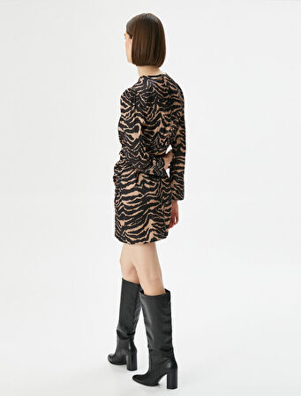 Mini Saten Elbise Leopar Desenli Uzun Kollu