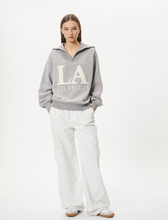 Oversize Kolej Sweatshirt Yarım Fermuarlı İşlemeli Ribanalı