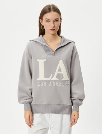 Oversize Kolej Sweatshirt Yarım Fermuarlı İşlemeli Ribanalı