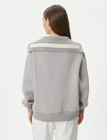 Oversize Kolej Sweatshirt Yarım Fermuarlı İşlemeli Ribanalı