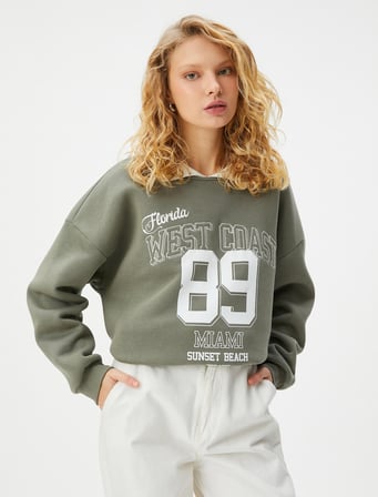 Oversize Sweatshirt Polo Yaka Kolej Baskılı Uzun Kollu