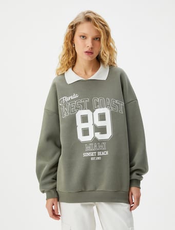 Oversize Sweatshirt Polo Yaka Kolej Baskılı Uzun Kollu
