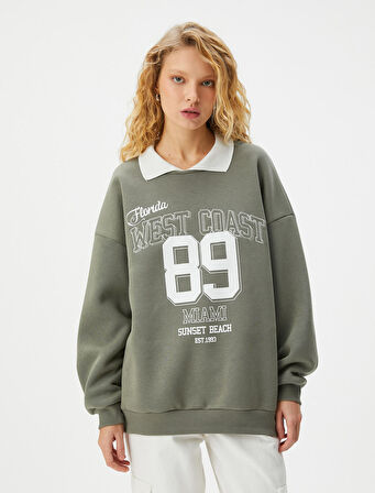 Oversize Sweatshirt Polo Yaka Kolej Baskılı Uzun Kollu