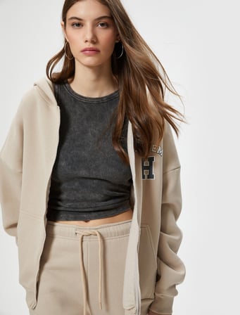 Fermuarlı Kapşonlu Sweatshirt Kolej Temalı Arkası Baskılı Kanguru Cepli Rahat Kalıp