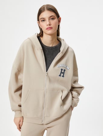 Fermuarlı Kapşonlu Sweatshirt Kolej Temalı Arkası Baskılı Kanguru Cepli Rahat Kalıp