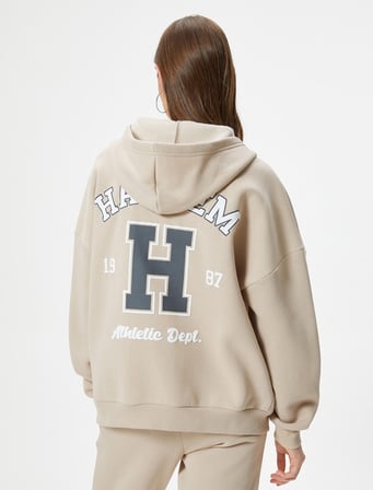 Fermuarlı Kapşonlu Sweatshirt Kolej Temalı Arkası Baskılı Kanguru Cepli Rahat Kalıp
