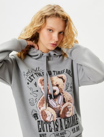 kapşonlu sweatshirt ayıcık baskılı rahat kalıp uzun kollu pamuklu