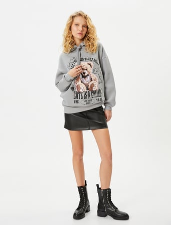 kapşonlu sweatshirt ayıcık baskılı rahat kalıp uzun kollu pamuklu