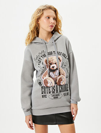 Kapşonlu Sweatshirt Ayıcık Baskılı Rahat Kalıp Uzun Kollu Pamuklu