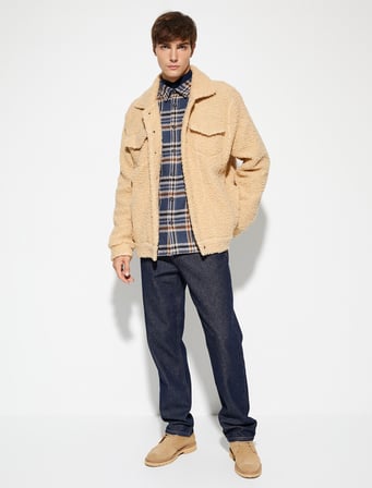 Oversize Peluş Ceket Çift Cepli Polo Yaka Çıtçıt Düğmeli