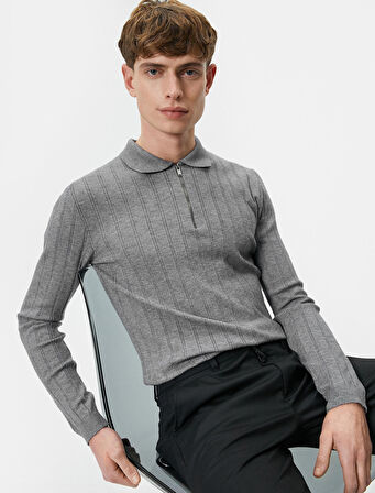 Polo Yaka Kazak Yarım Fermuarlı Slim Fit Dokulu