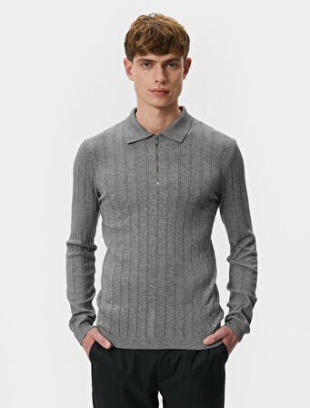 Polo Yaka Kazak Yarım Fermuarlı Slim Fit Dokulu