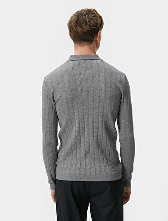 Polo Yaka Kazak Yarım Fermuarlı Slim Fit Dokulu