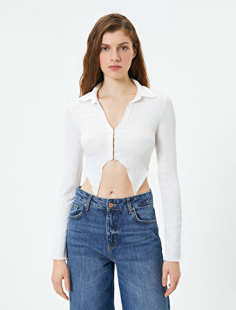 Crop Bluz Asimetrik Kesim Dokulu Slim Fit Uzun Kollu Gömlek Yaka 