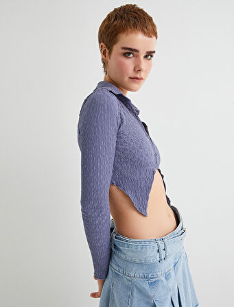 Crop Bluz Asimetrik Kesim Dokulu Slim Fit Uzun Kollu Gömlek Yaka 