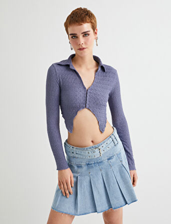 Crop Bluz Asimetrik Kesim Dokulu Slim Fit Uzun Kollu Gömlek Yaka 