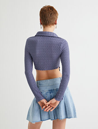 Crop Bluz Asimetrik Kesim Dokulu Slim Fit Uzun Kollu Gömlek Yaka 