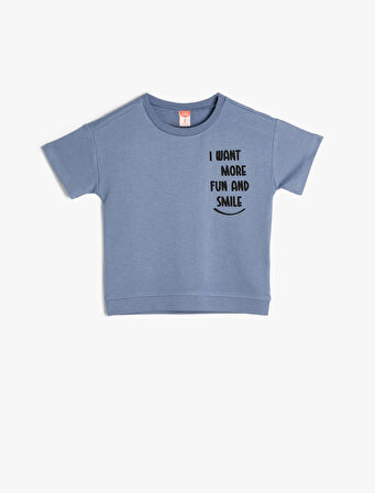Slogan Baskılı Tişört Kısa Kollu Bisiklet Yaka Pamuklu