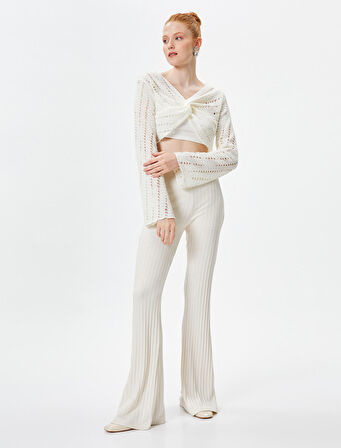 Ajurlu Crop Tişört Uzun İspanyol Kol V Yaka Düğüm Detaylı  Yumuşak Dokulu