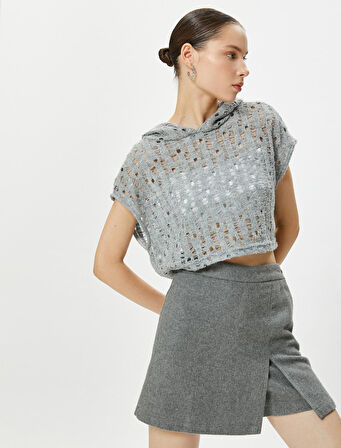 Ajurlu Kapşonlu Kolsuz Crop Tişört 