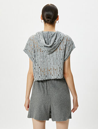 Ajurlu Kapşonlu Kolsuz Crop Tişört 