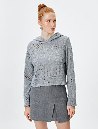 Ajurlu Kapşonlu Uzun Kollu Crop Tişört 