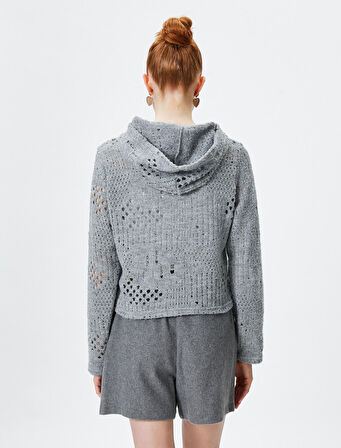 Ajurlu Kapşonlu Uzun Kollu Crop Tişört 