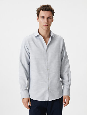 Slim Fit Gömlek Yarım İtalyan Yaka Düğmeli Uzun Kollu