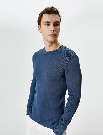 Yıkamalı Triko Kazak Bisiklet Yaka Dokulu Pamuklu