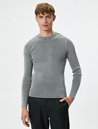 Yıkamalı Triko Kazak Bisiklet Yaka Dokulu Pamuklu