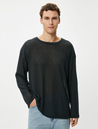 Basic Kazak Relax Fit Dokulu Bisiklet Yaka Uzun Kollu