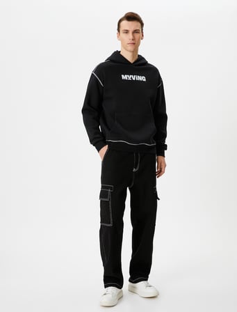 Oversize Hoodie Slogan Baskılı Kanguru Cepli Dikiş Detaylı