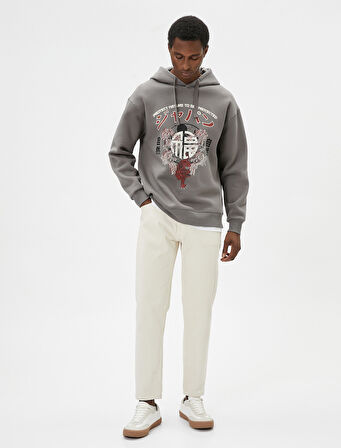 Baskılı Oversize Sweatshirt Kapşonlu Uzakdoğu Temalı Şardonlu