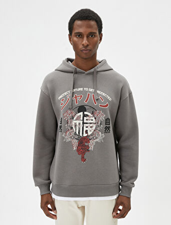 Baskılı Oversize Sweatshirt Kapşonlu Uzakdoğu Temalı Şardonlu