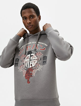 Baskılı Oversize Sweatshirt Kapşonlu Uzakdoğu Temalı
