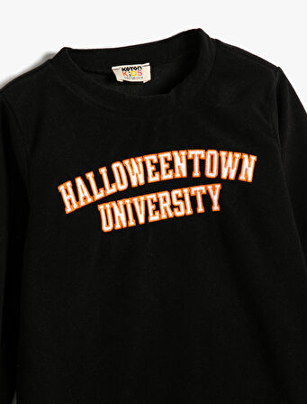 Sweatshirt Cadılar Bayramı Temalı İşlemeli Uzun Kollu Bisiklet Yaka Şardonlu