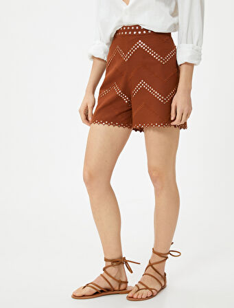 Mini Şort Parlak İşleme Detaylı Normal Bel Viskon Karışımlı