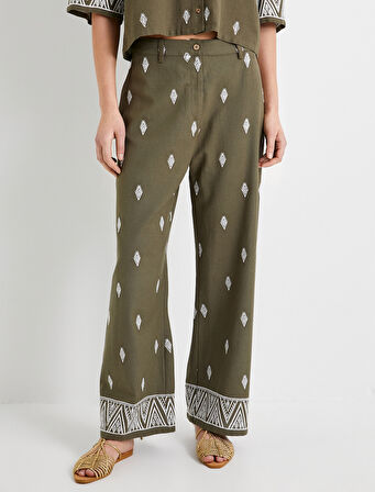 Palazzo Pantolon Etnik Nakışlı Normal Bel
