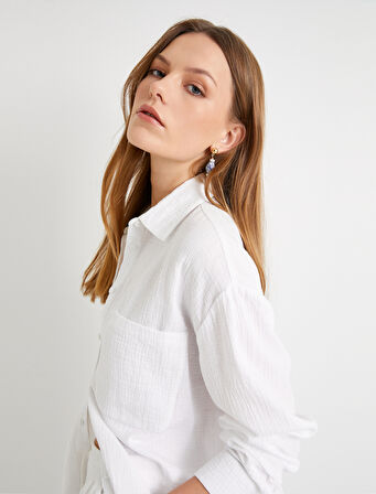 Müslin Oversize Gömlek Uzun Kollu Cep Detaylı Düğmeli