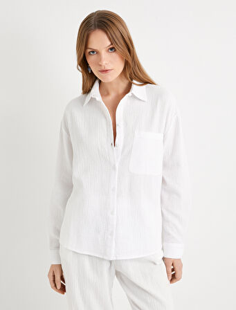 Müslin Oversize Gömlek Uzun Kollu Cep Detaylı Düğmeli