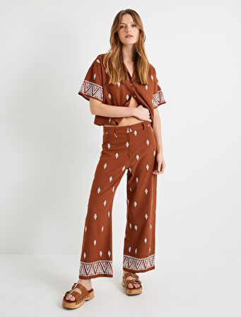 Crop Gömlek Etnik Desenli Kısa Kollu Düğmeli